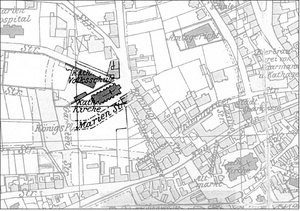 Abb. 2: Lage der kath. Volksschule Gasstraße. Ausschnitt aus dem Stadtplan von 1914.